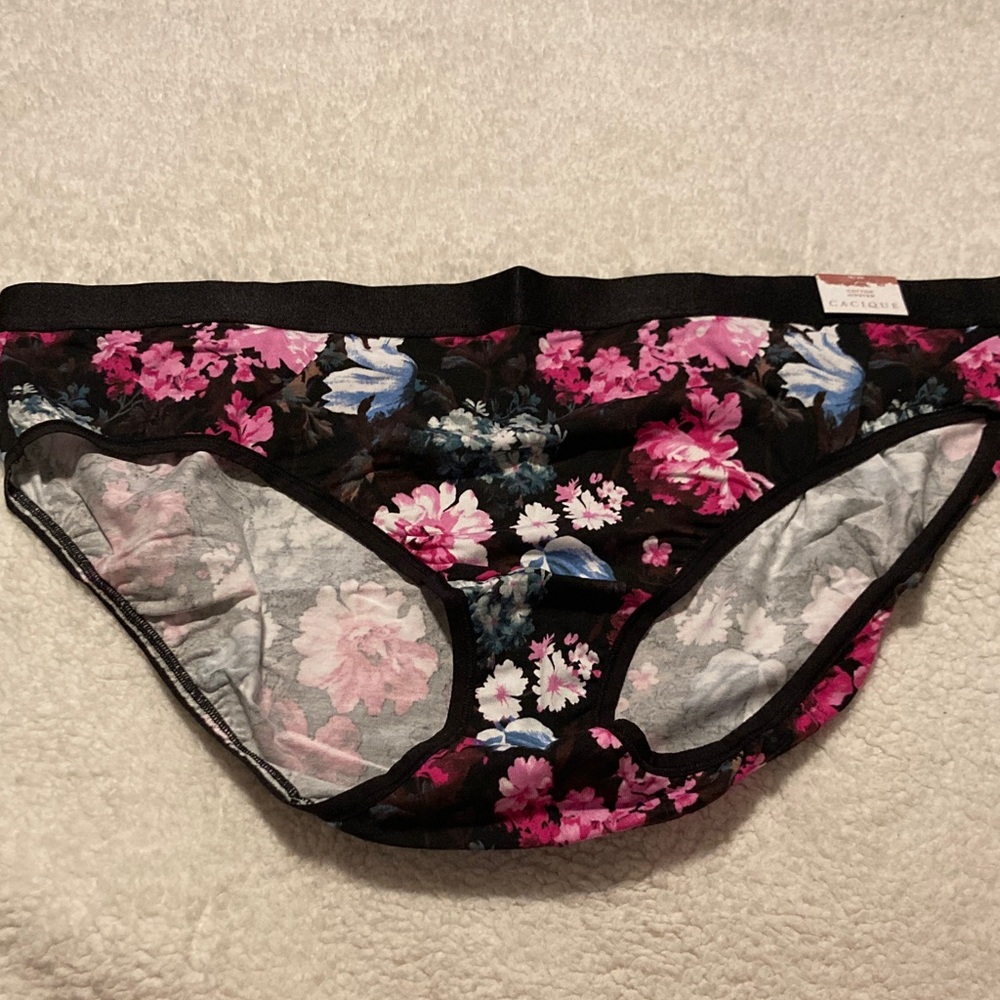 NWT Cacique Lane Bryant Black and Pink Floral Cotton Hipster Panties Size 18/20